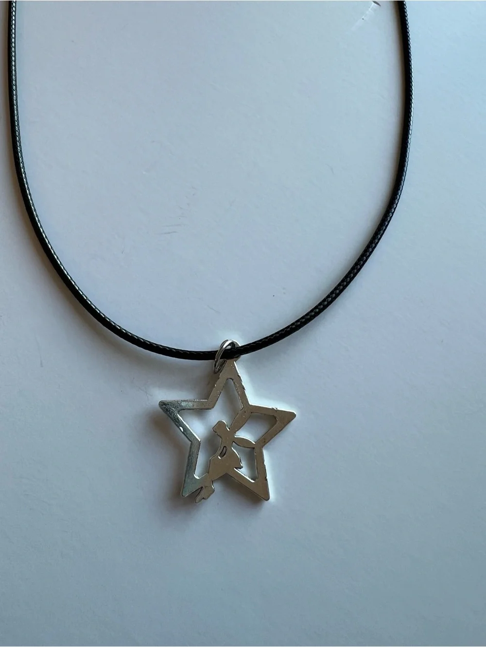 Silver Star Fairy Pendant Necklace on Black Cord / Disney / Fae / Tinkerbell